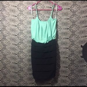 Dress with sparkly blue top and pencil skirt.